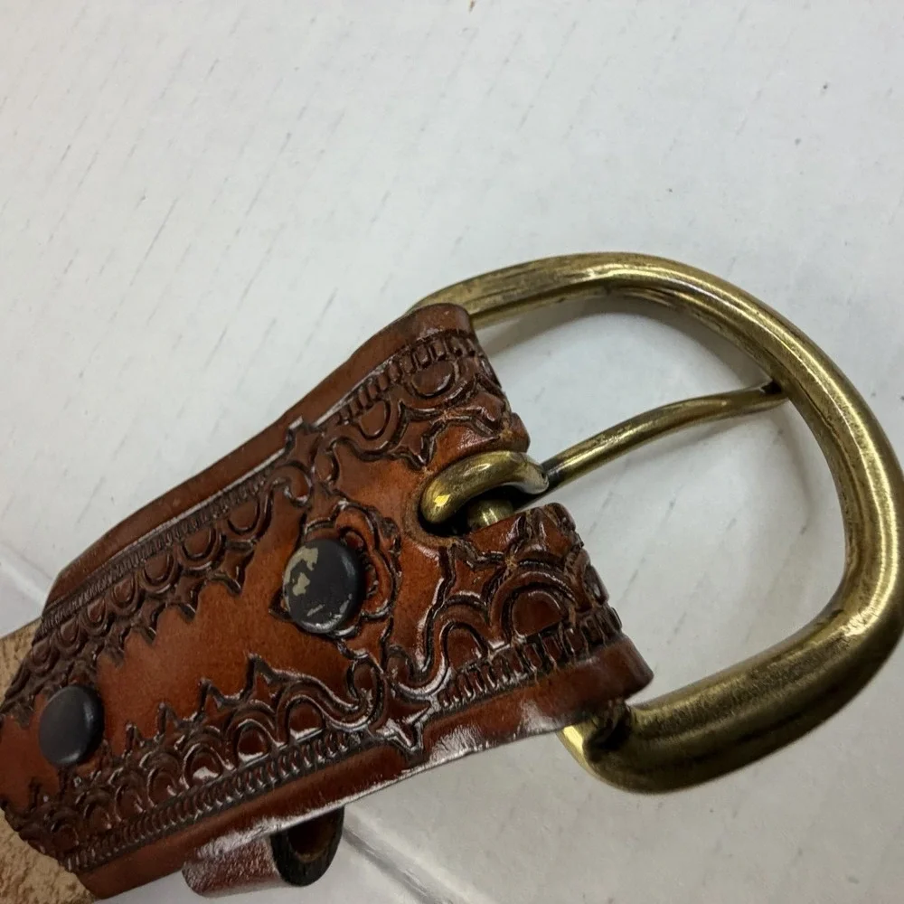 Western Cowboy Brown Leather Men's Belt Decorative Tooled Full Grain, Brass 47